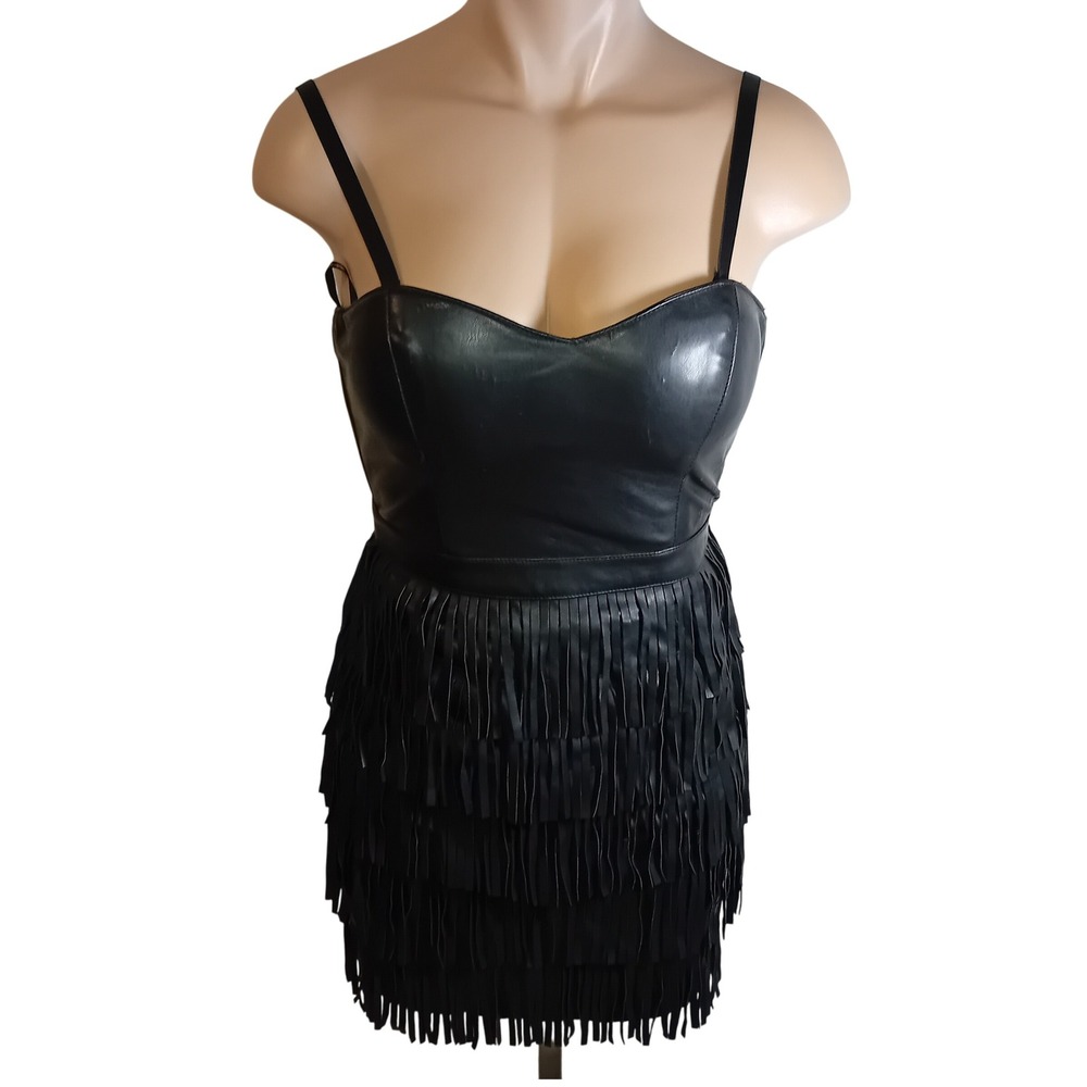 Guess Glam Edgy Faux Leather‎ Fringe Bodycon Dress Party Cocktail Rocker 0 READ